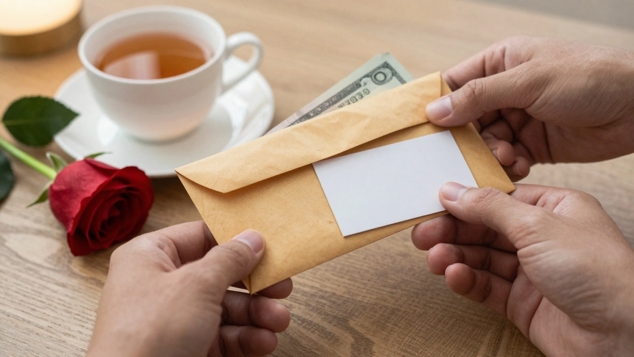 Two hands exchanging cash and a business card on a wooden table with tea and a rose, no faces visible.