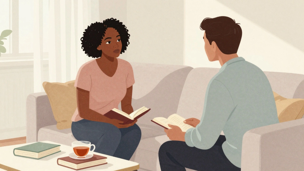 Two people engaged in quiet, respectful conversation in a softly lit apartment, no physical contact shown.