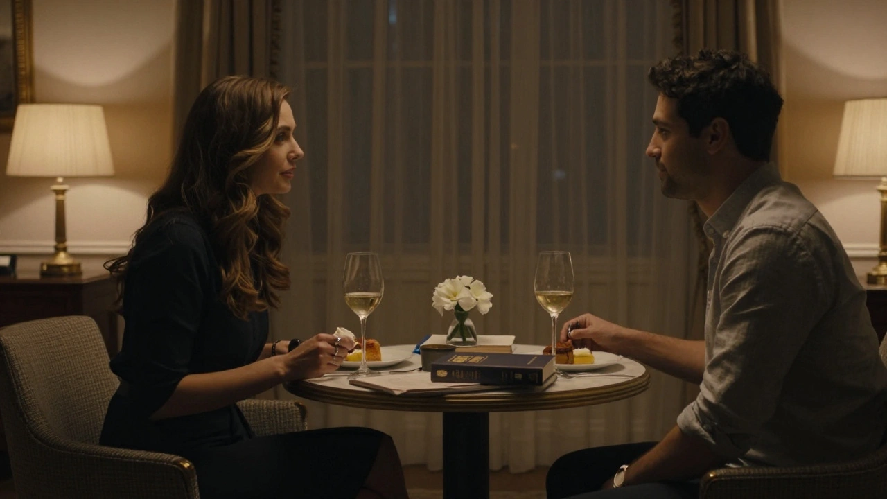 Two people seated calmly at a hotel table with wine and dessert, sharing quiet companionship.