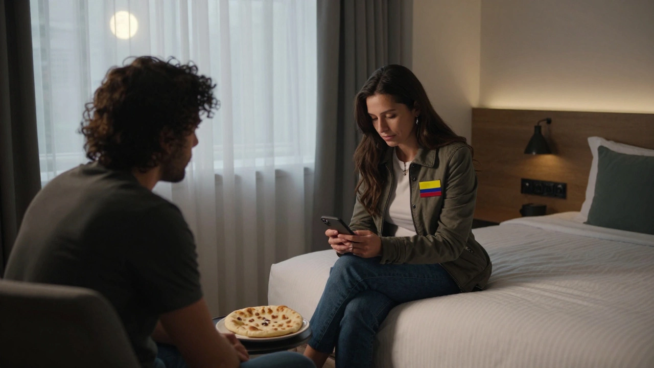 A Colombian escort listening to music with a client in a softly lit London hotel room.