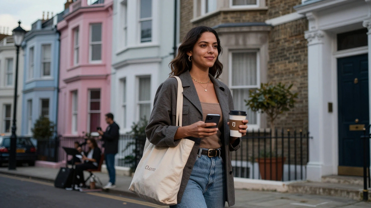 A Colombian woman walking through Notting Hill at dusk, blending into London's urban landscape.