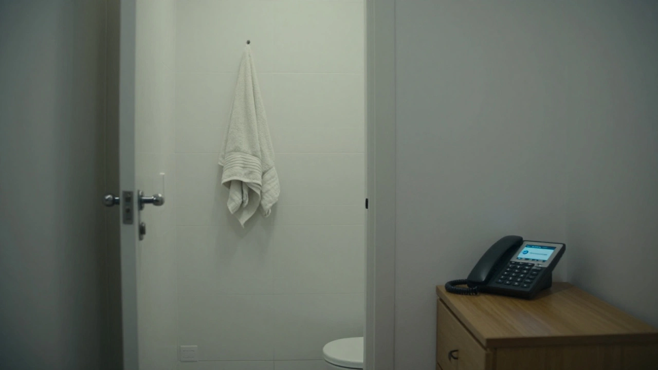 A discreetly rented flat in SE15 with a locked door and phone on display, emphasizing safety and routine.