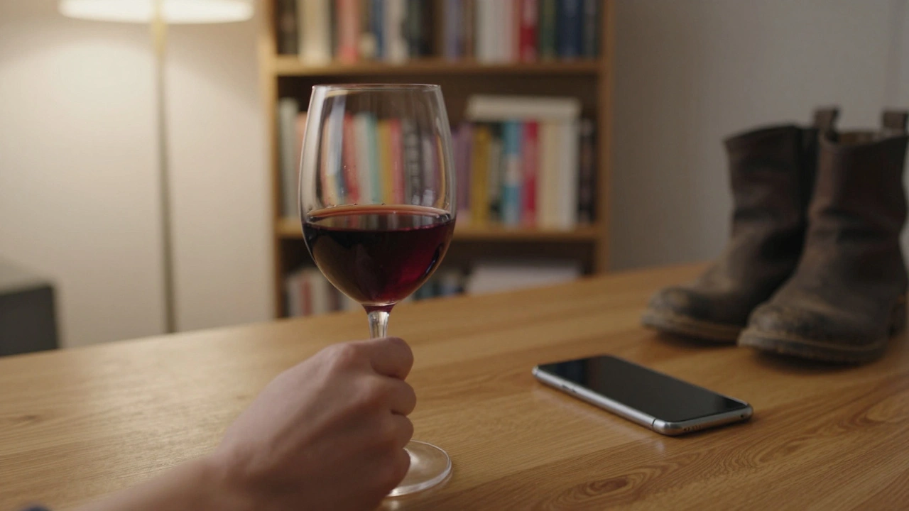 A hand holding a glass of wine on a wooden table, with a bookshelf and boots visible in the soft-lit background.