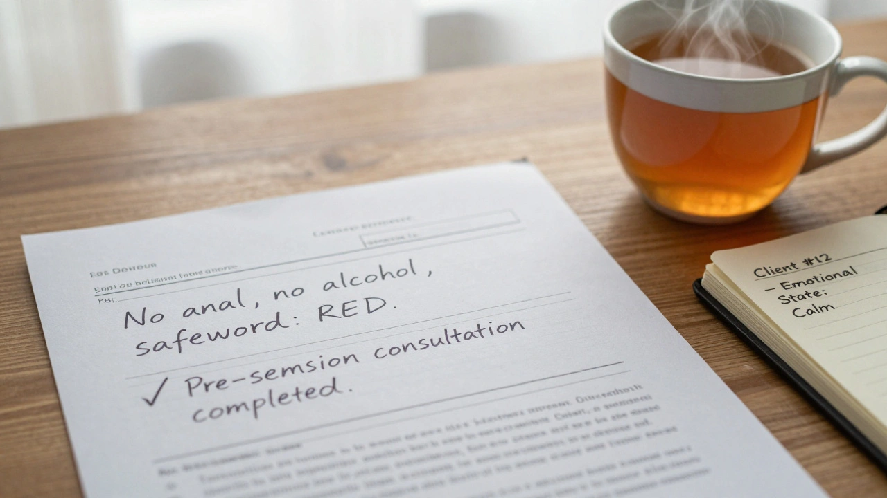 A handwritten consent form with clear boundaries and a cup of tea beside a notebook.