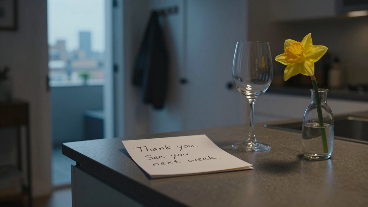 A handwritten note and empty wine glass on a kitchen counter, symbolizing a private, respectful encounter with no faces shown.