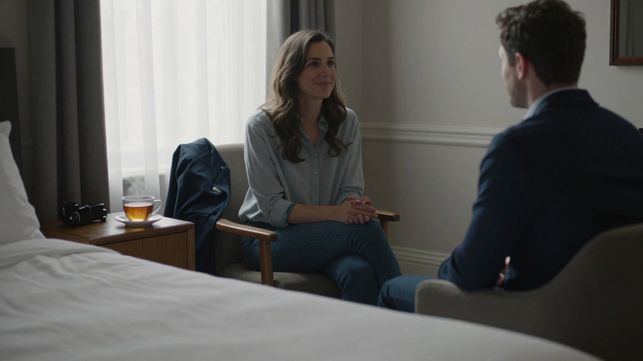 A man and woman sitting comfortably in a hotel room, engaged in quiet conversation, no physical contact, soft natural lighting.