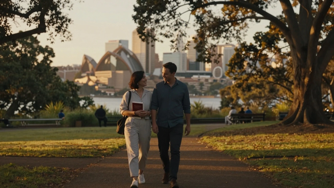 A man and woman walking together in a park at sunset, sharing a peaceful, non-physical moment of companionship.