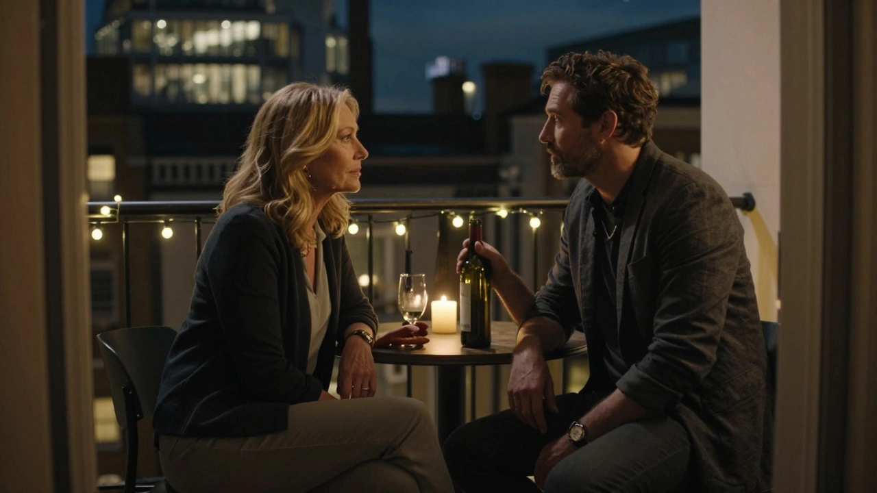 A mature woman and client share a quiet moment on a hotel balcony, watching London's city lights at dusk.