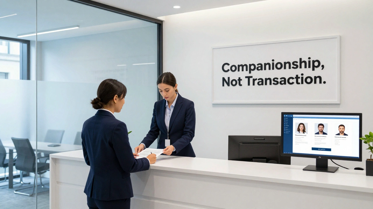 A professional agency office in London where staff verify client backgrounds for high-end companionship services.