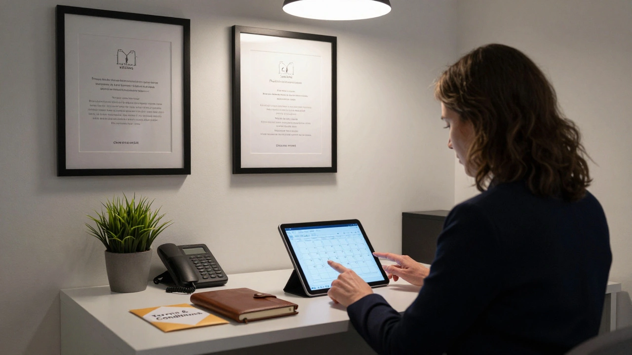 A professional escort reviews appointments in a discreet, minimalist office with clear documentation visible.