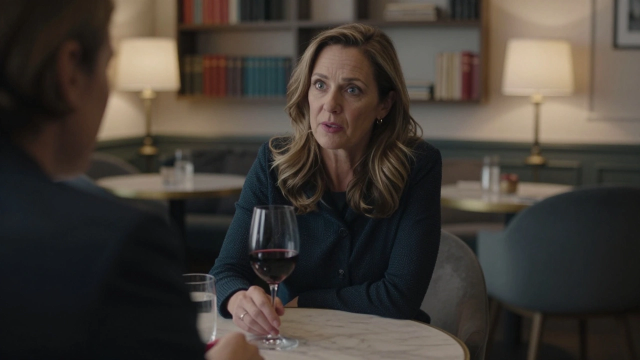 A quiet moment of connection between a woman and client in a upscale hotel lounge.