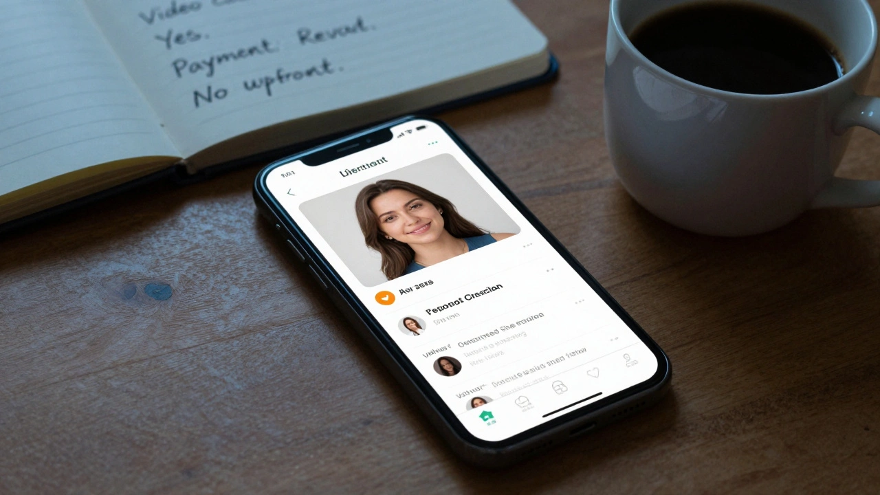 A smartphone displaying a verified escort profile with reviews and notes on payment method beside a coffee cup.