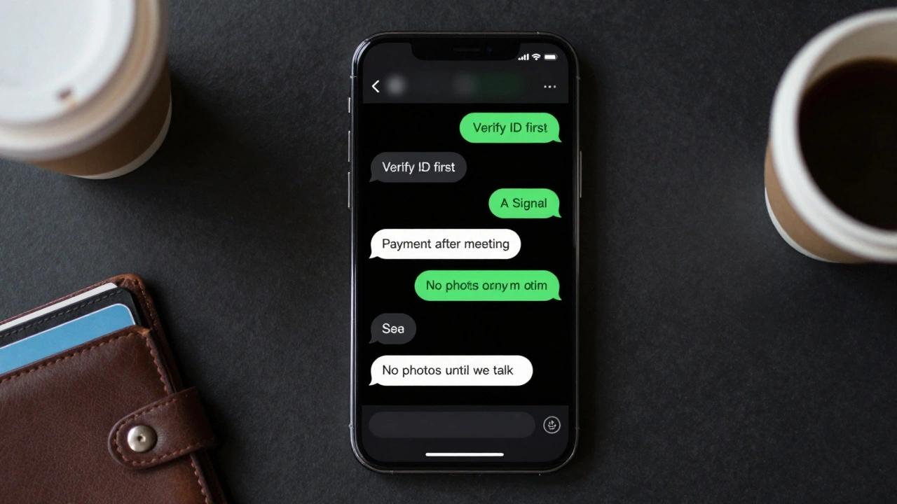 A smartphone displaying encrypted messages about safe escort protocols, with coffee cups and an ID card nearby.