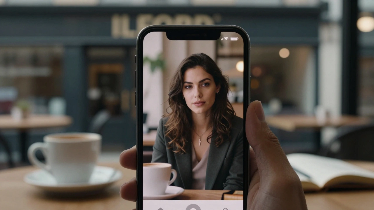 A smartphone screen showing a discreet social media profile of a woman in a café, with blurred background details of Ilford.