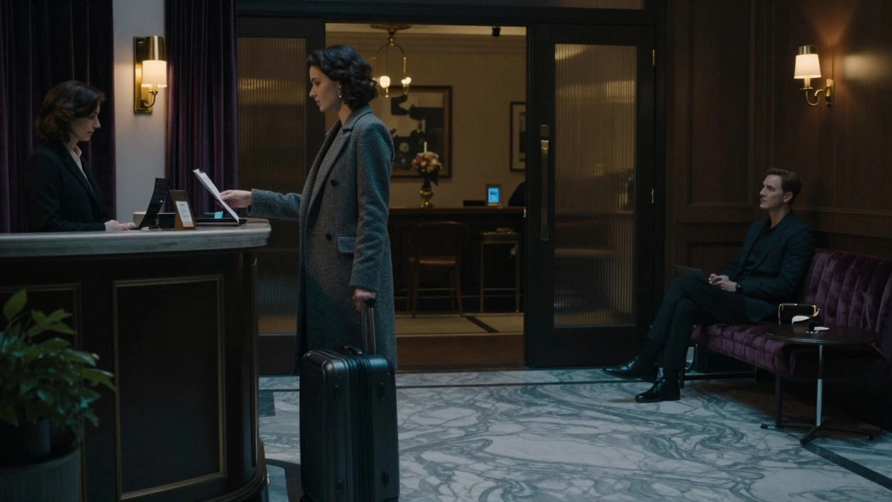 A woman checking in at a luxury London hotel, conveying discretion and mutual respect.