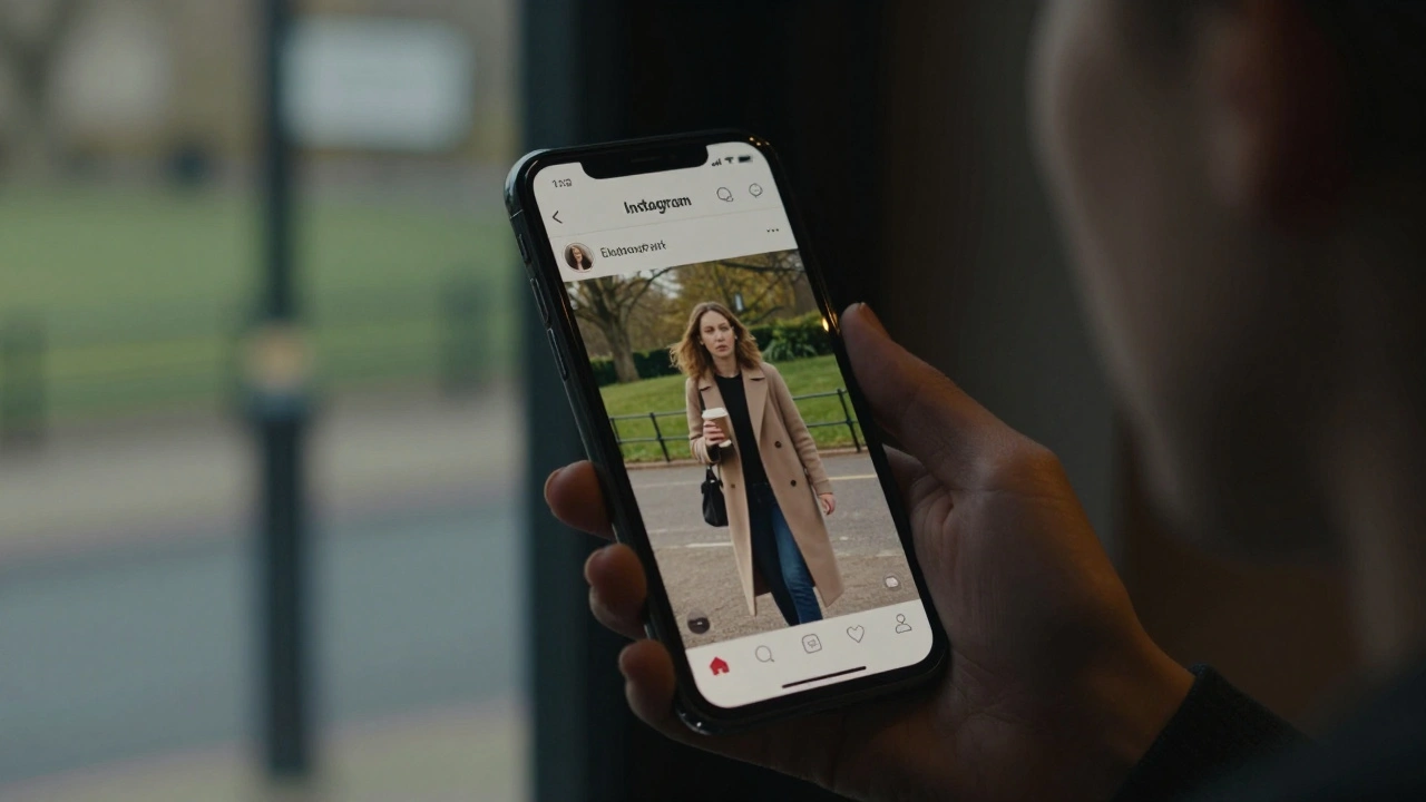 A woman’s hand holding a phone showing a private Instagram profile with authentic photos of her in a London park.