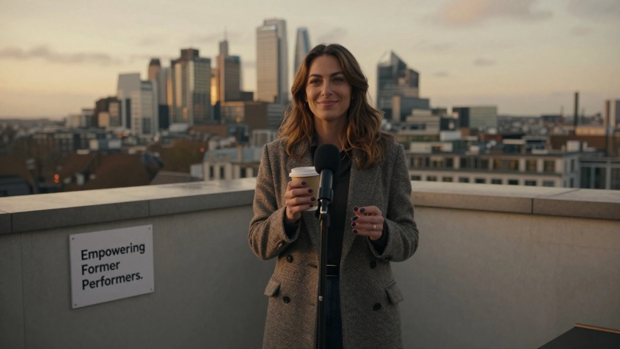 A woman speaks into a microphone on a rooftop terrace, overlooking London's skyline, symbolizing personal branding and empowerment.