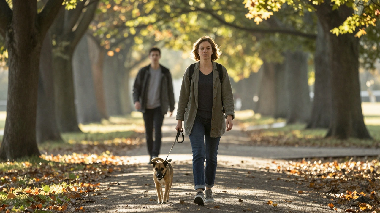 A woman walking a dog in a peaceful London park, with a distant figure suggesting a respectful companionship.