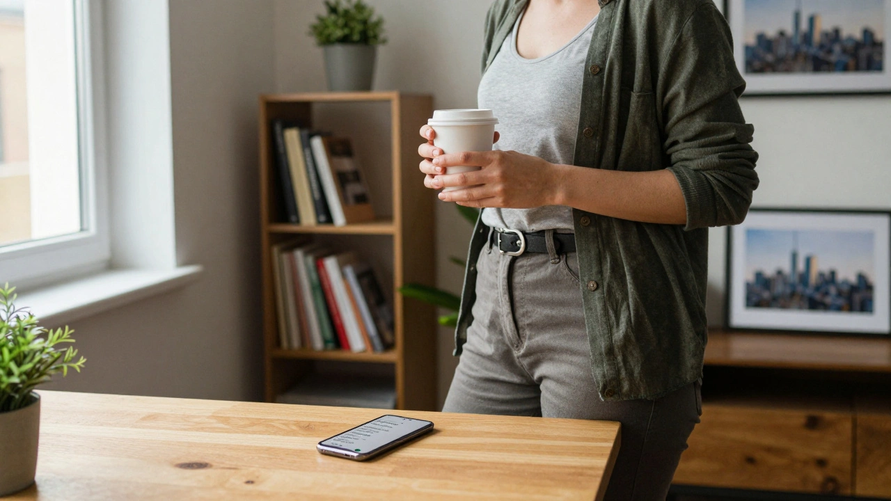 An anonymous escort in a quiet London flat, holding a coffee cup, with a confirmation text visible on her phone.