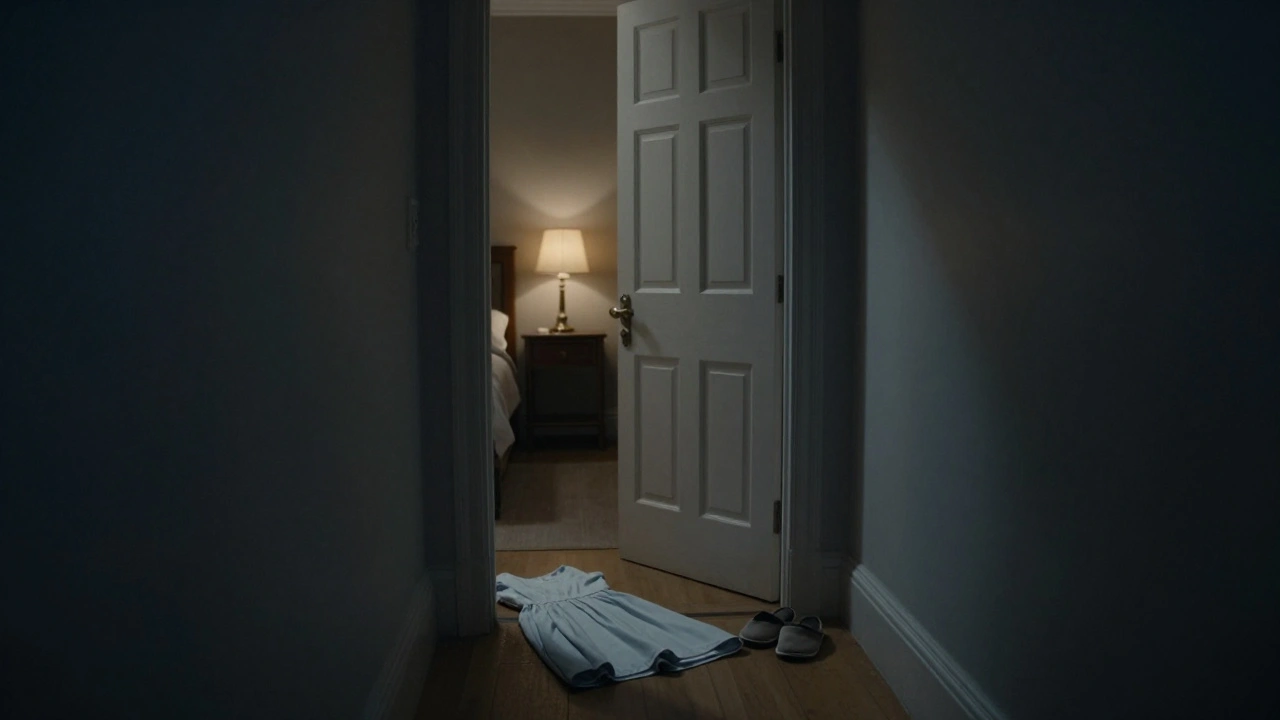 An empty hallway with a folded dress and slippers, suggesting a quiet, intentional moment.