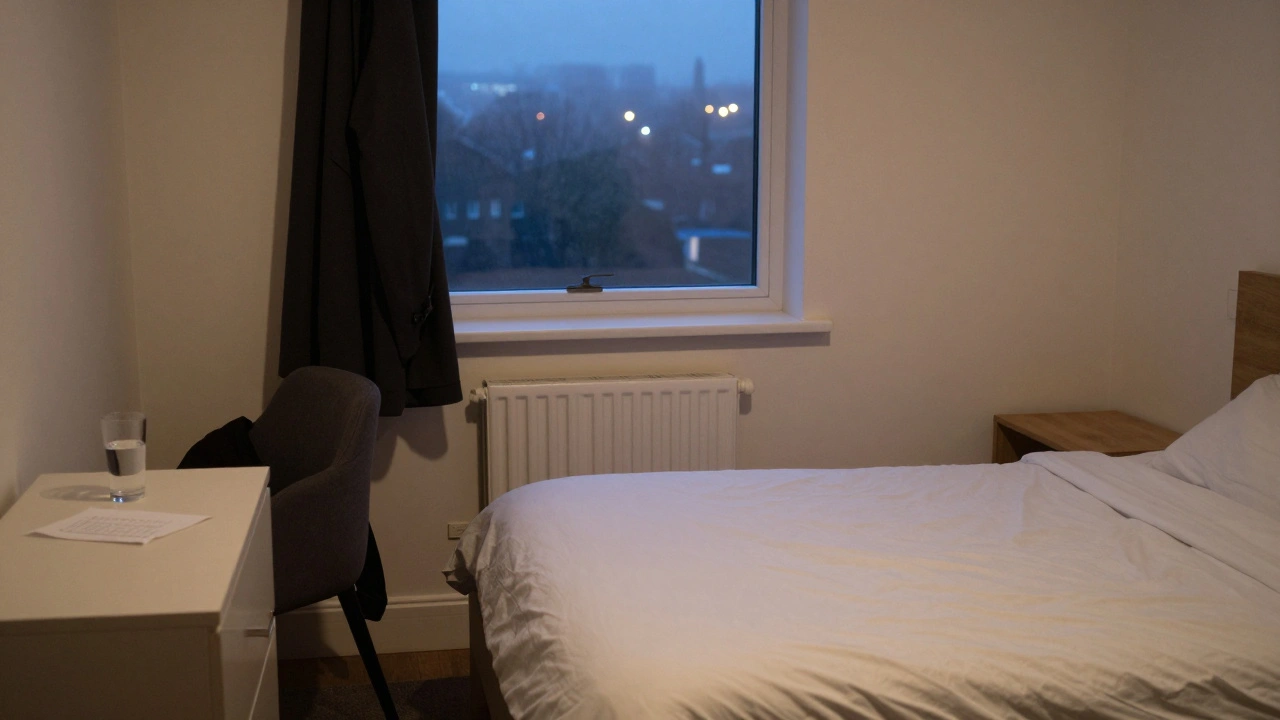 An empty serviced apartment in Ilford at night, with a folded note and glass of water left on the nightstand.