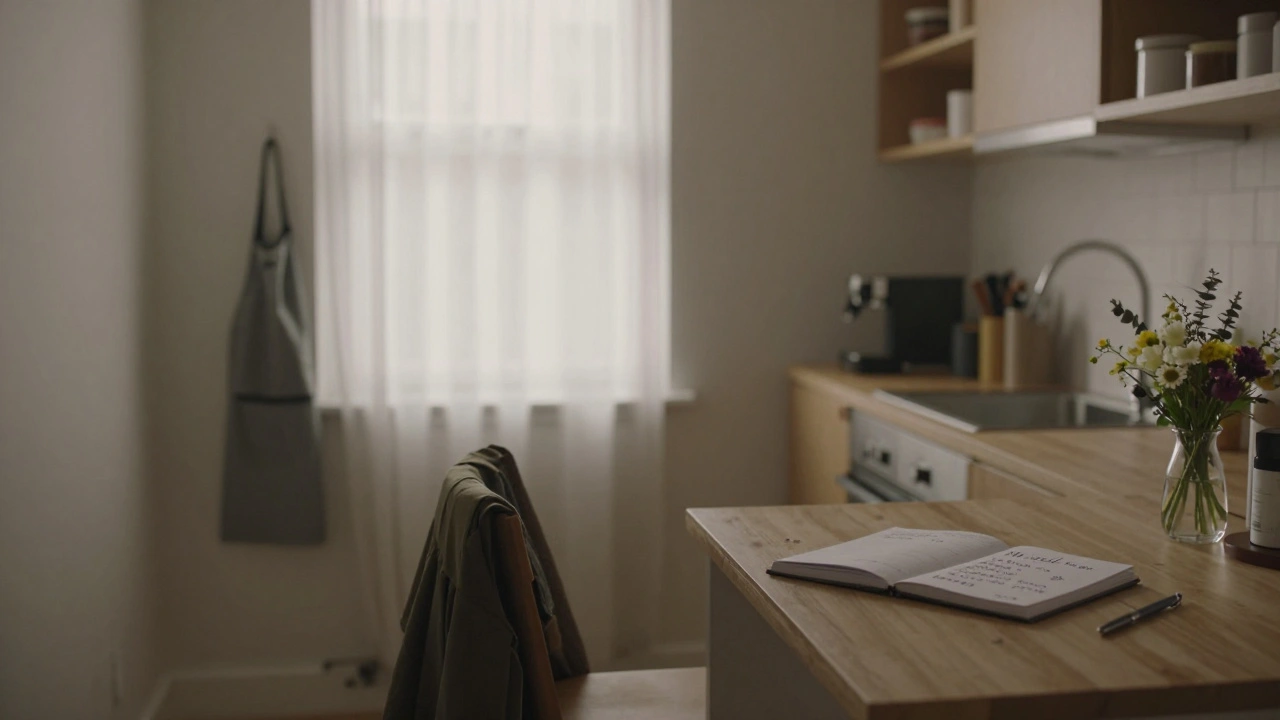 An empty shared flat in Lower Clapton at dawn, with a barista apron, notebook, and fresh flowers on the counter.