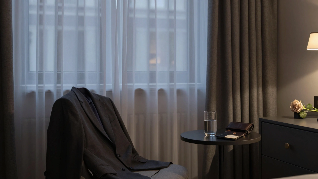 An upscale hotel room in SE12, serene and tidy, suggesting a discreet, professional encounter.