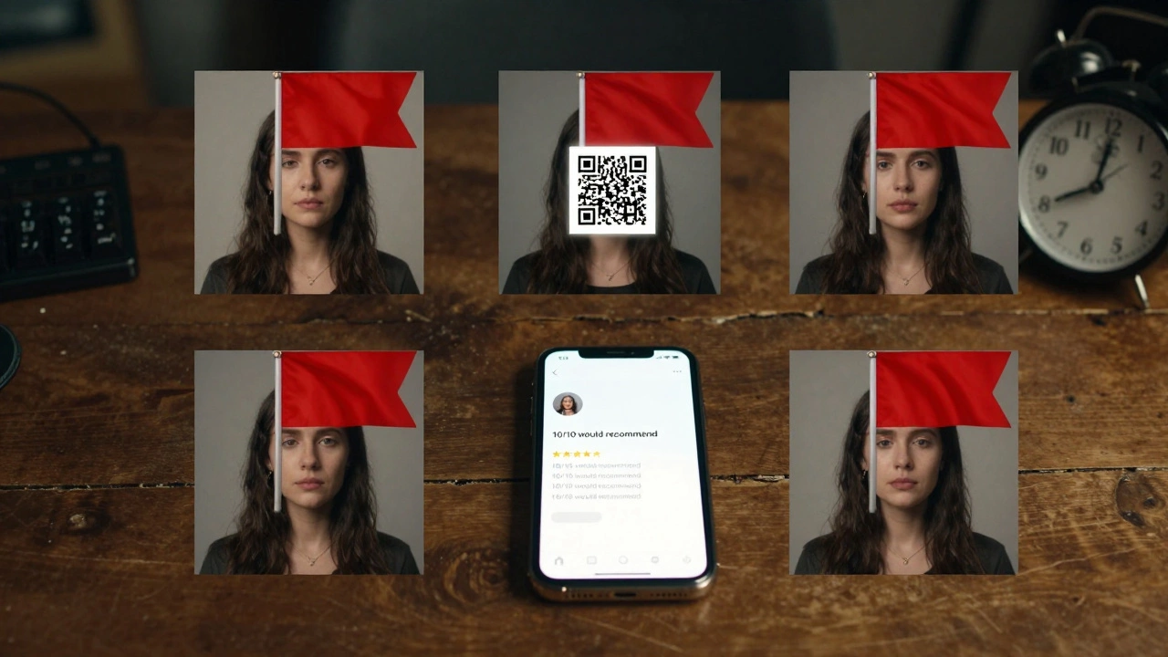 Collage of red flags: duplicate photos, crypto payment, fake reviews, and a late appointment time.