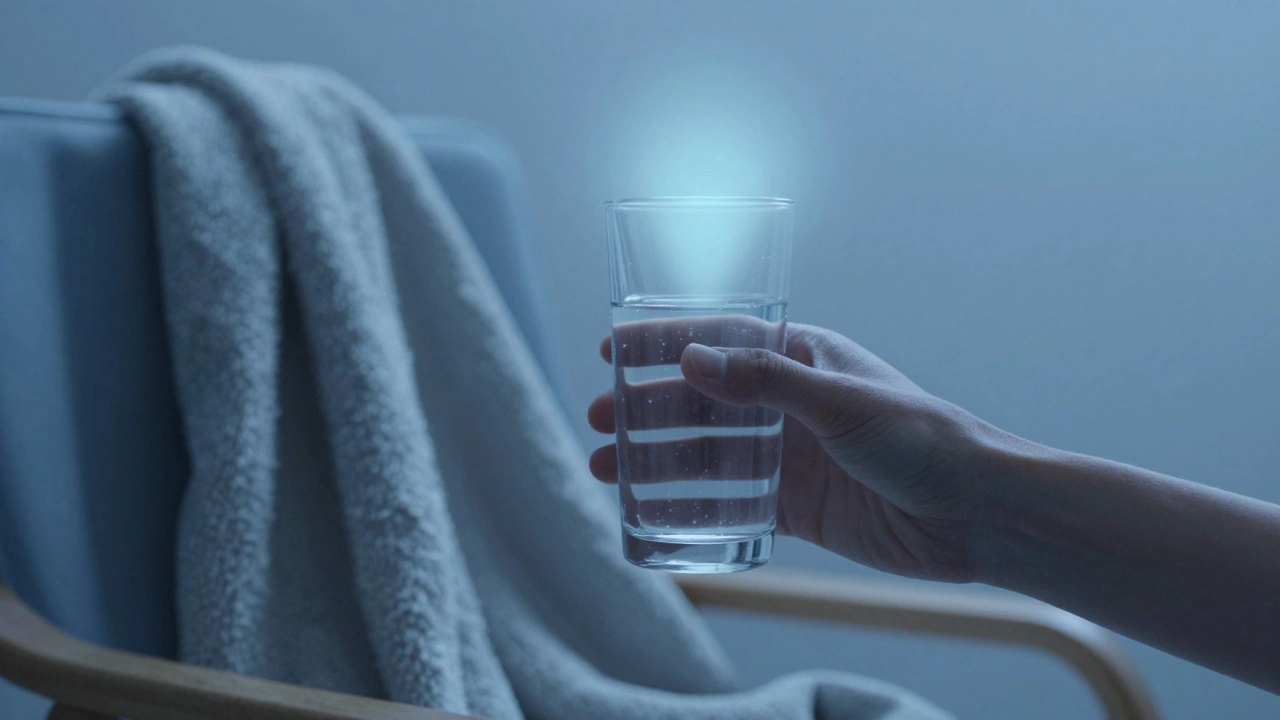 Dominatrix offering water and blanket during aftercare session