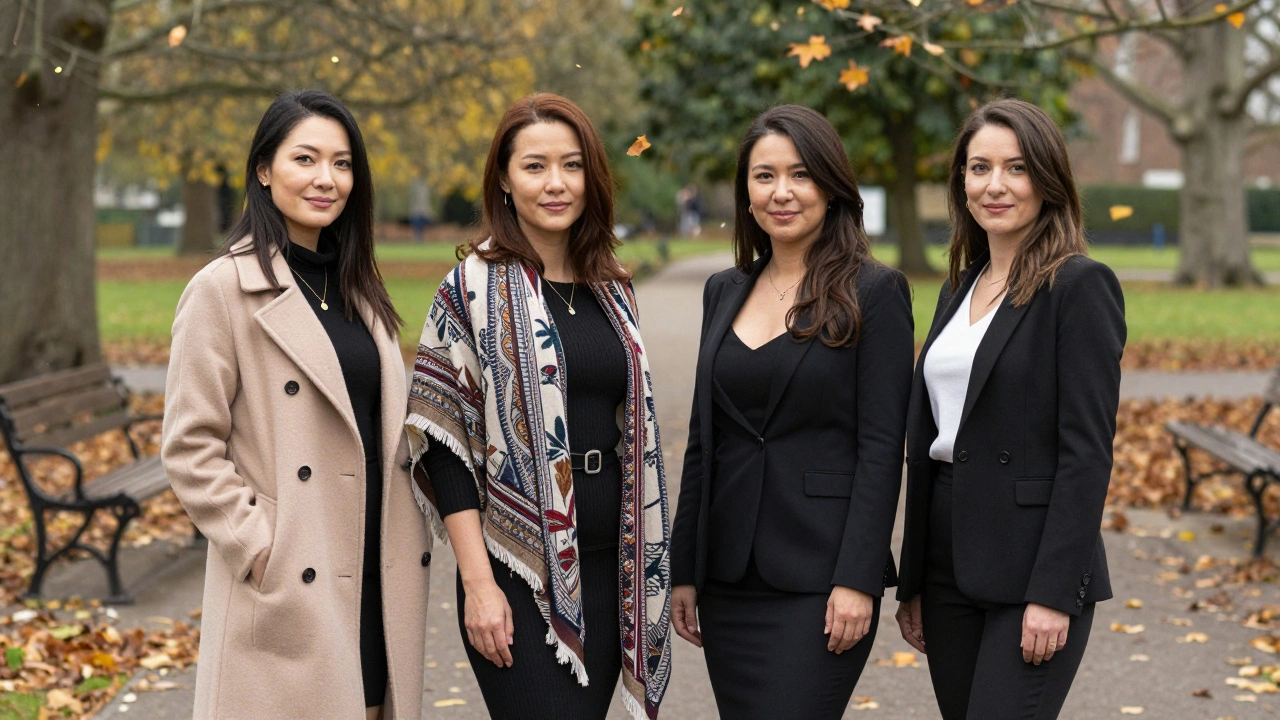Four diverse women in a peaceful park, dressed professionally, exuding quiet confidence.