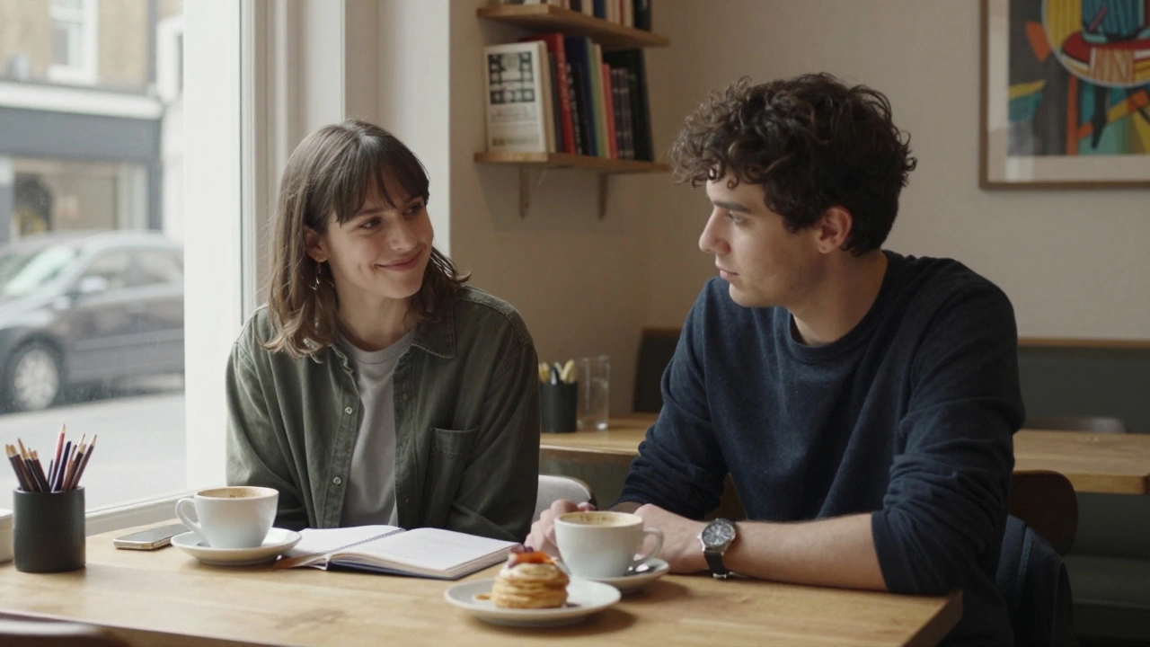 Two people having a relaxed coffee in a Peckham café, showing companionship without intimacy.