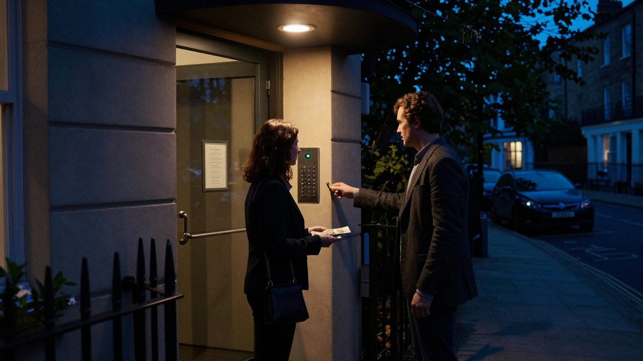 A discreet entrance to a private SW18 apartment building at night, with a client waiting to be buzzed in.