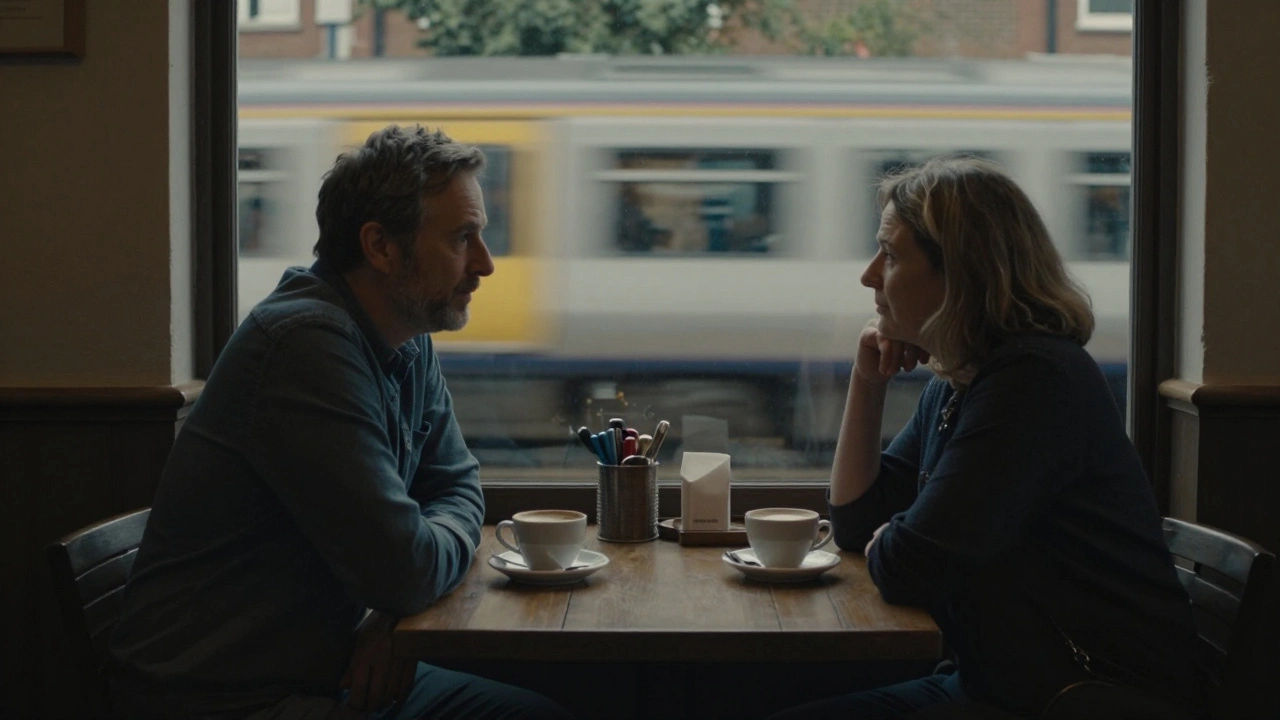 A man and woman having a respectful, quiet coffee meeting in a discreet Ilford café, conveying trust and companionship.