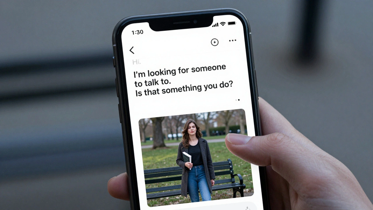 A private social media profile with a natural photo of a woman near a park bench, with a simple message on a phone screen.