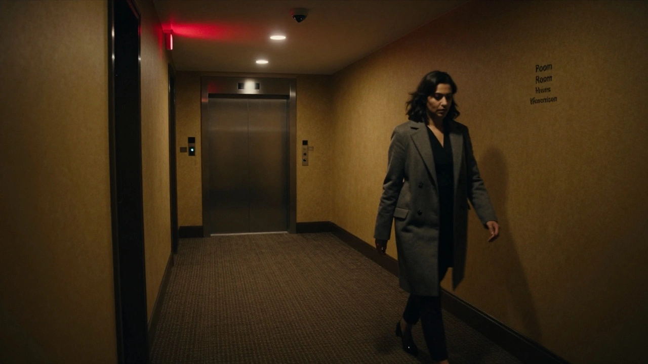 A quiet hotel hallway at night in London with a security camera glowing red, a figure walking away, and an elevator light blinking.