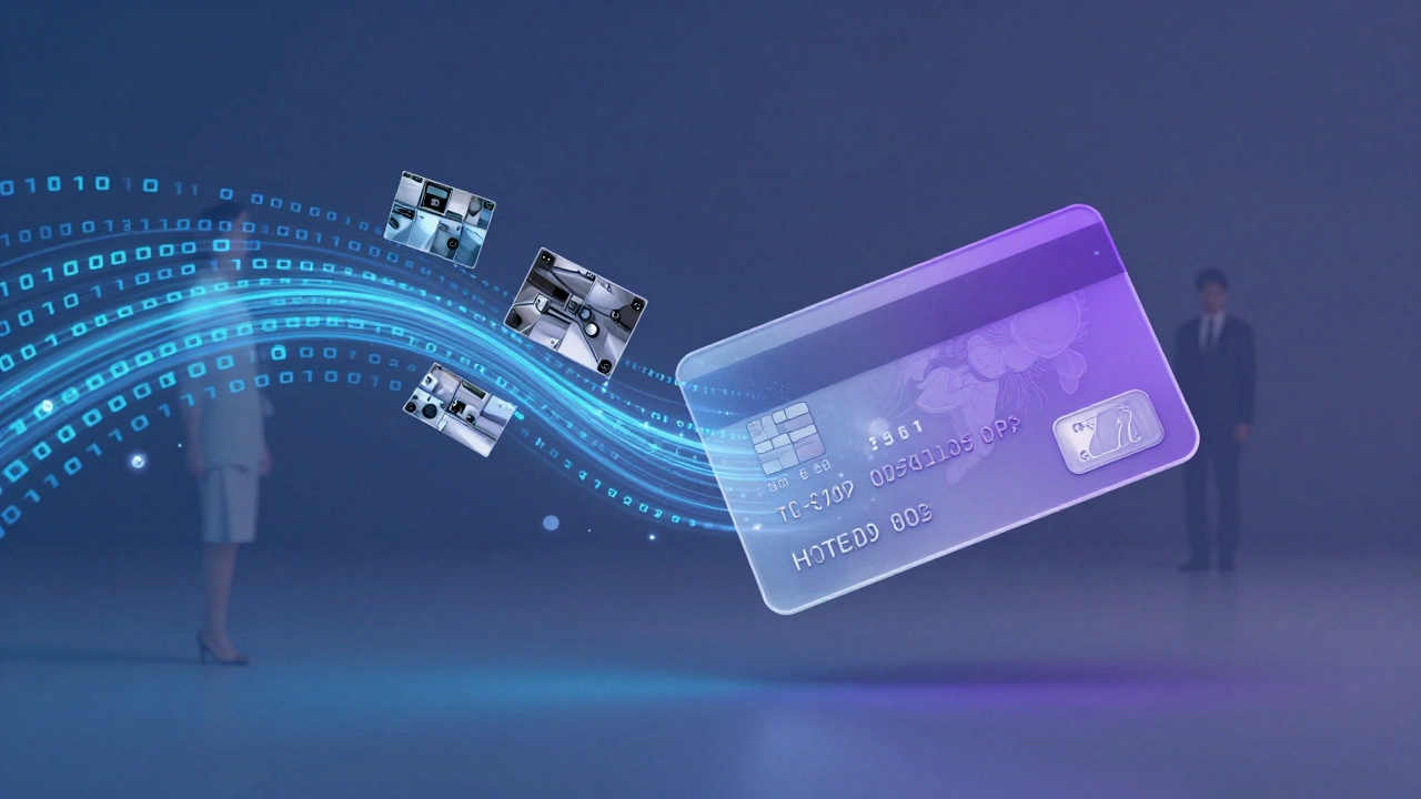 A transparent hotel keycard breaking into digital data streams symbolizing privacy risks, with faint silhouettes of guests in the background.