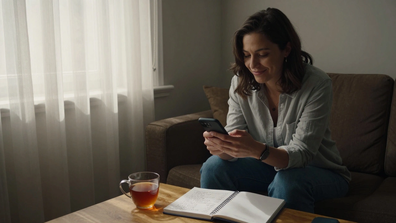A woman sitting calmly in her living room, texting quietly, with sunlight streaming through curtains and a notebook nearby.