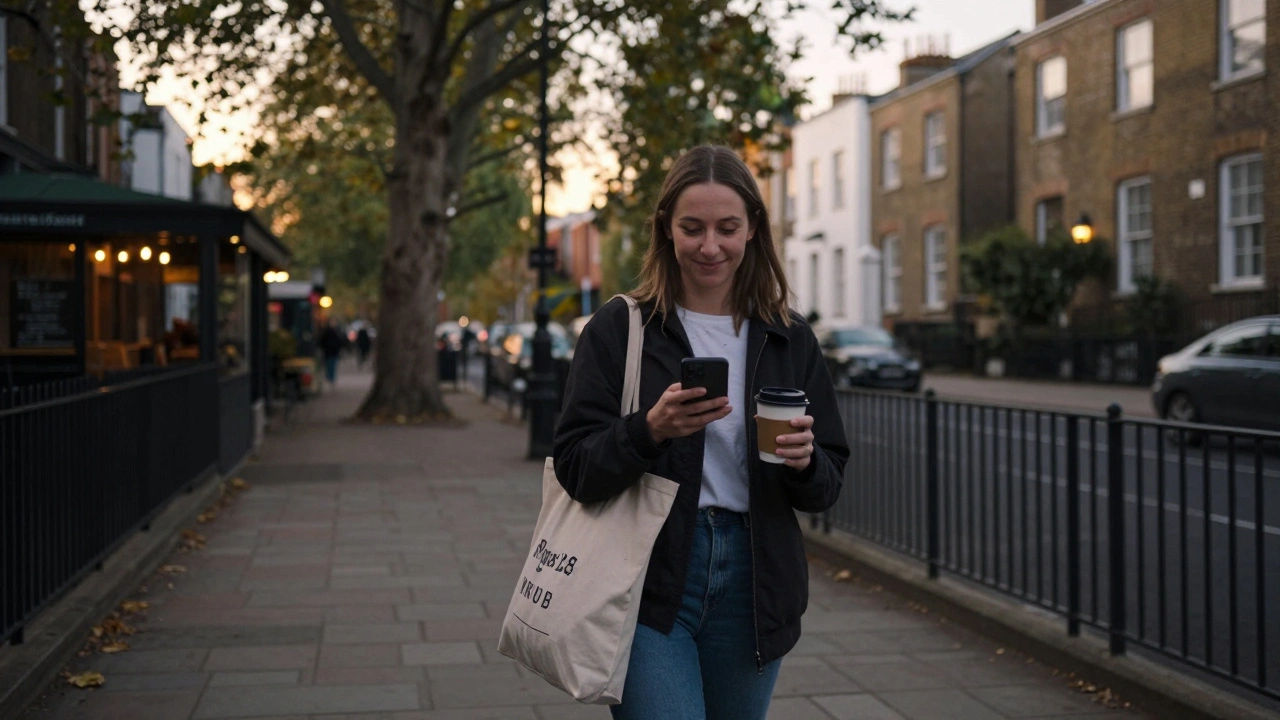 An independent escort walking through Clapham Common at dusk, blending into the neighborhood.