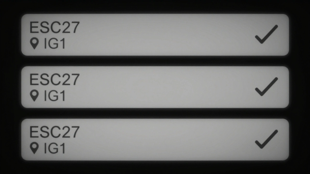 Three encrypted text messages on a black screen showing only codes, locations, and checkmarks, no personal details visible.